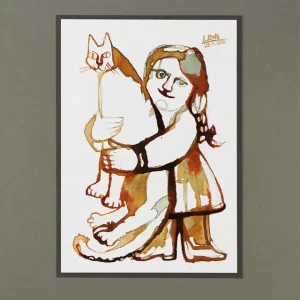 L. Roth: "Kind mit Katze", originale Grafik/Zeichnung (Unikat) Zertifiziert