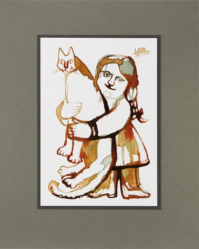 L. Roth: "Kind mit Katze", originale Grafik/Zeichnung (Unikat) Zertifiziert