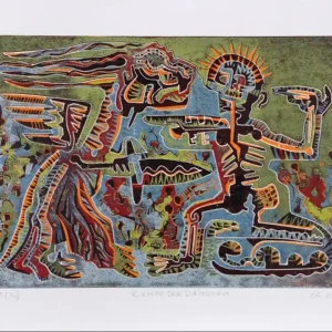 Grafik, mehrfarbiger Linoldruck von Frank-Ole Haake: "Kampf der Dämonen 09 (20)" Finale Aktion