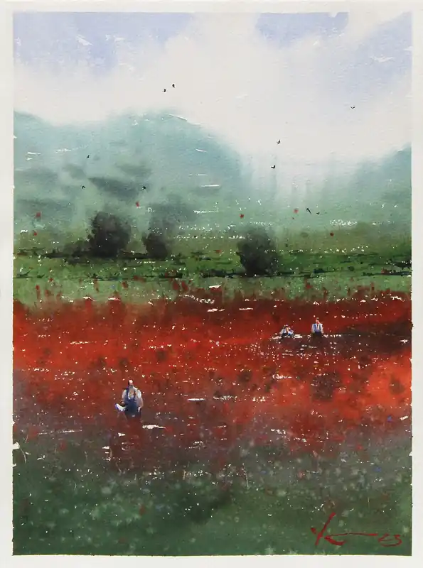 Top-Preis Aquarellmalerei: "Mohnfeld", Original/Unikat, F. Bär
