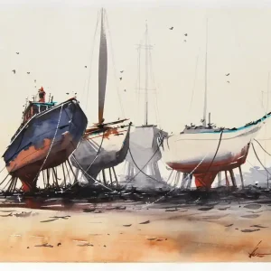 Finale Aktion Aquarellmalerei: "Ruhe am Hafen", Original/Unikat, F. Bär
