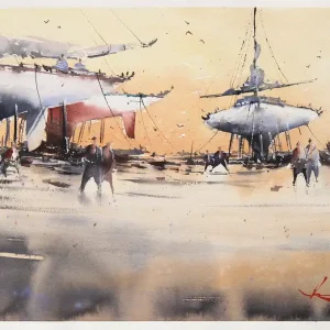 Sofort Bestellen Aquarellmalerei: "Abends am Hafen", Original/Unikat, F. Bär