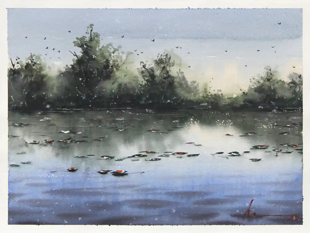 Neu Im Sortiment Aquarellmalerei: "Ruhe des Sees", Original/Unikat, F. Bär