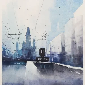 Aquarellmalerei: "Zoo, 1950", Original/Unikat, F. Bär Direktkauf