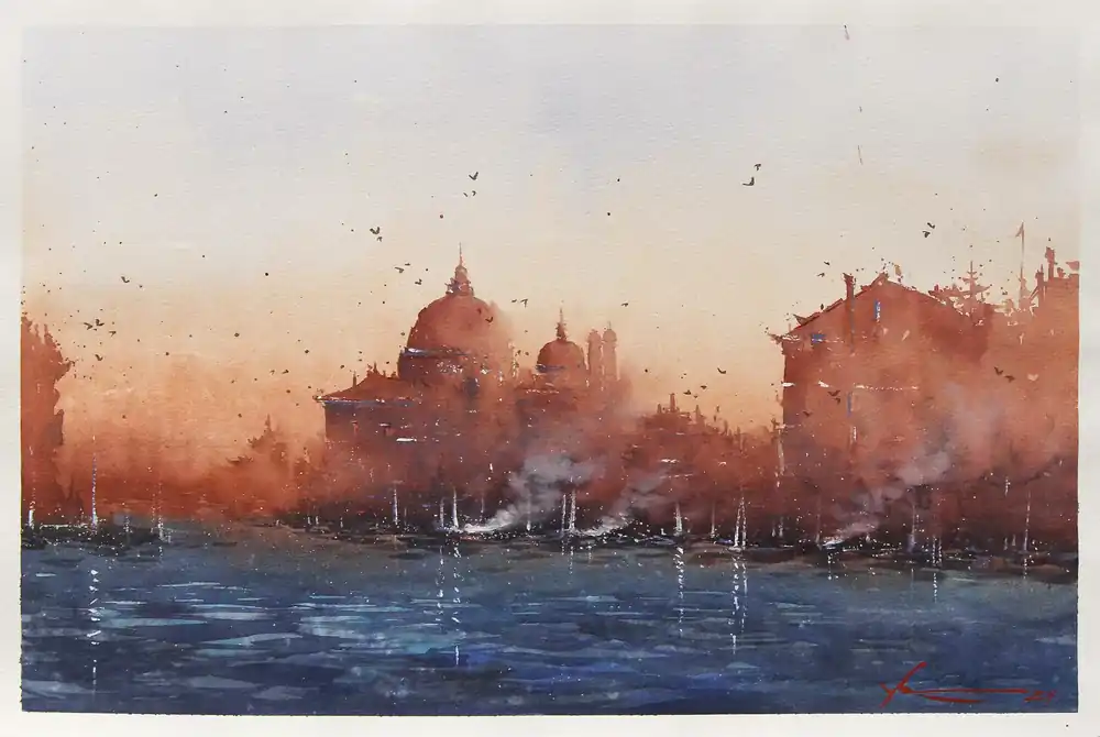 Kostenfreie Lieferung Aquarellmalerei: "Sonnenuntergang", Original/Unikat, F. Bär