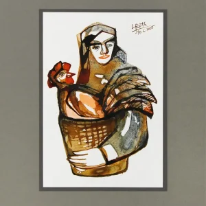 L. Roth: "Hahn im Korb II", originale Grafik/Zeichnung (Unikat) Sonderangebot