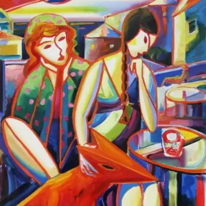 M. Cieśla: "Zwei Mädchen und ein Hund, Sonnenuntergang", Original/Unikat, Expressionist. Ölgemälde Neu