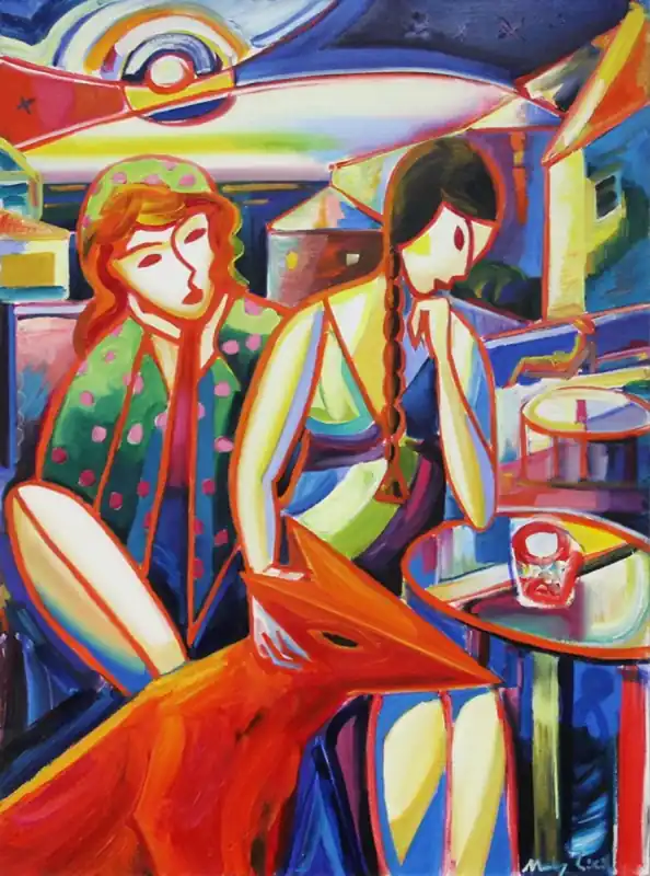 M. Cieśla: "Zwei Mädchen und ein Hund, Sonnenuntergang", Original/Unikat, Expressionist. Ölgemälde Neu
