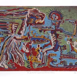 Grafik, mehrfarbiger Linoldruck von Frank-Ole Haake: "Kampf der Dämonen 04 (20)" Direktkauf