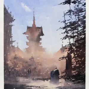 Aquarellmalerei: "Im Schatten der Pagode", Original/Unikat, F. Bär Finale Aktion
