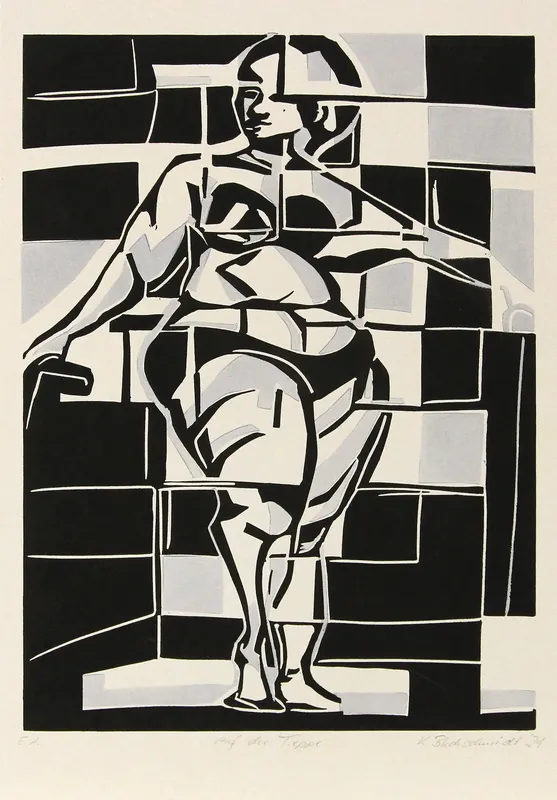 K. Blechschmidt: "Auf der Treppe, E.A.", originale Grafik/limitierte Auflage, Linolschnitt Geprüft