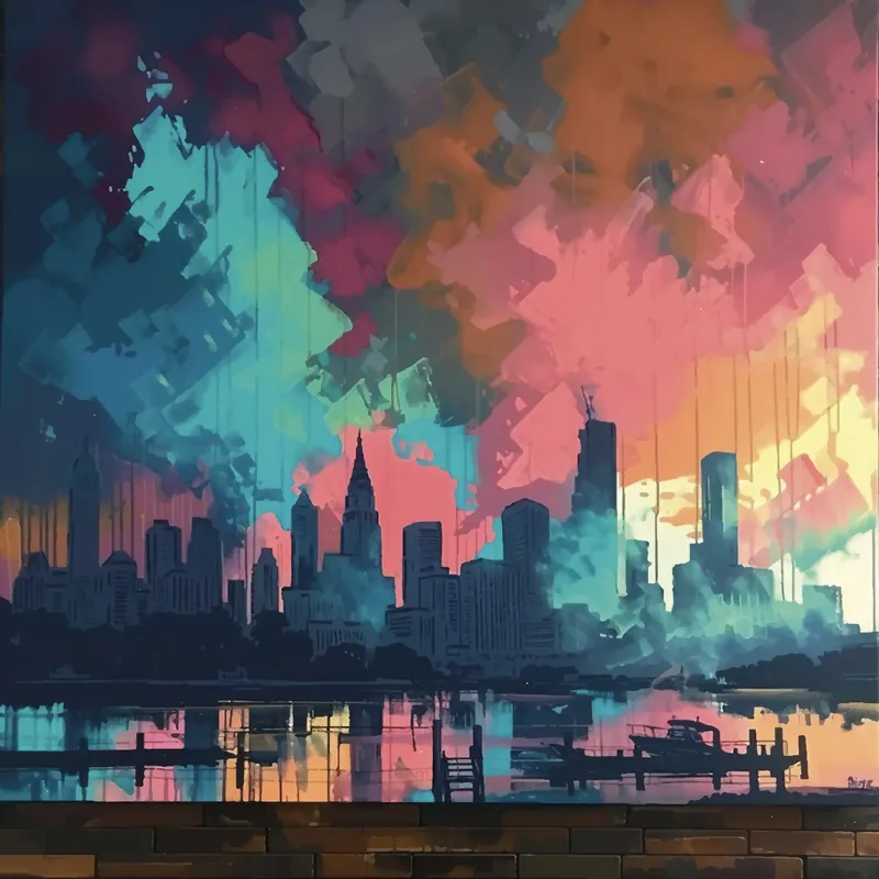 Billig Moderne Kunst: "Abendstimmung in New York", H. Mühlbauer-Gardemin, Original/serielles Unikat