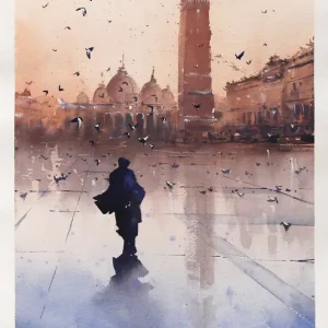 Aquarellmalerei: "Allein am Markusplatz", Original/Unikat, F. Bär Direktkauf