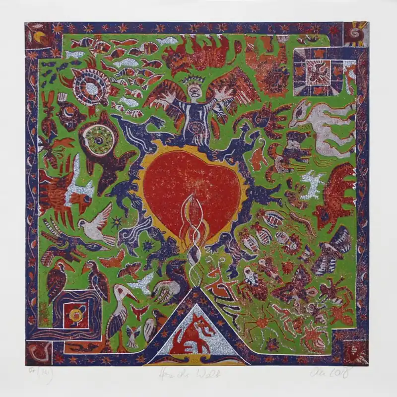 F.O. Haake: "Das Herz der Welt", originale Grafik/serielles Unikat, mehrfarbiger Linoldruck Garantierte Lieferung