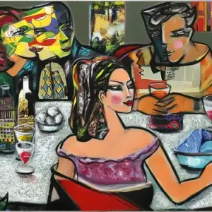 Unikat, modernes Gemälde, K. Namazi: "Dinner with Friends IX", Original Aktuell