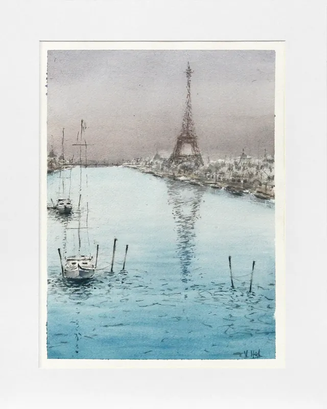 Preisknaller Aquarellmalerei: "Paris - Nocturne", Original/Unikat, V. Heil