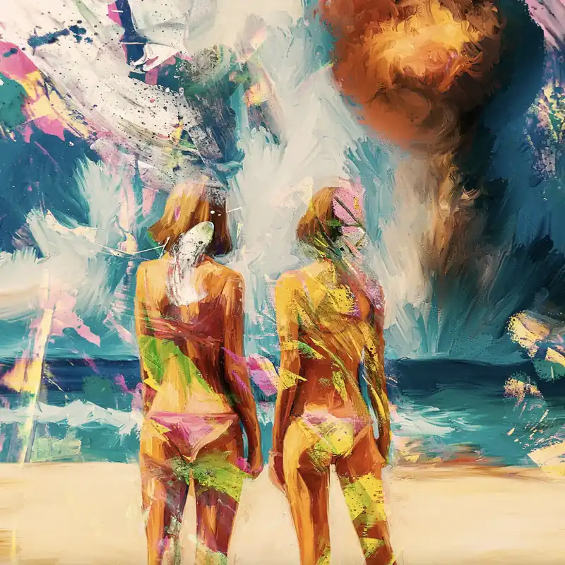 Moderne Kunst: "Frauen am Strand mit Atombombe", H. Mühlbauer-Gardemin, Original/serielles Unikat Meistverkauft