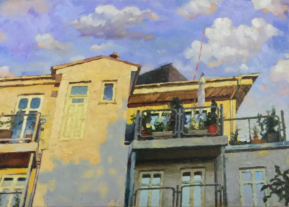 Ölgemälde, Andy Larrett: "Haus im Sonnenlicht" Knallerangebot