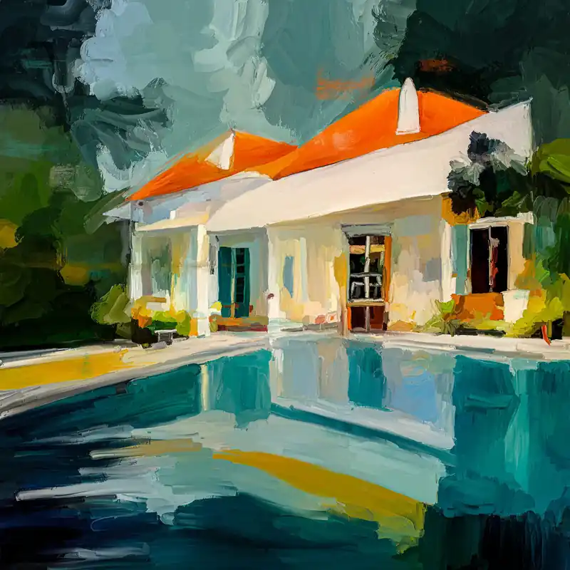 Neu Kunstdruck, signiert: "Ferienhaus mit Pool", Holger Mühlbauer-Gardemin, Edition, Nr. 1/100