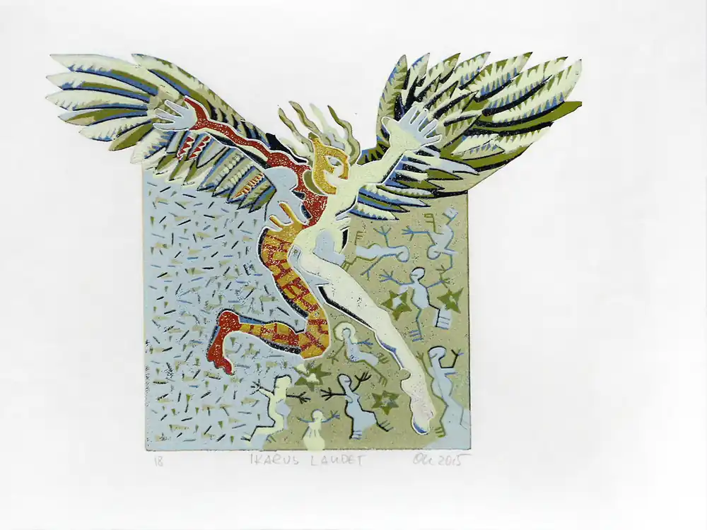 Preiswert F.O. Haake: "Ikarus Landet Blatt 18", originale Grafik/serielles Unikat, mehrfarbiger Linoldruck