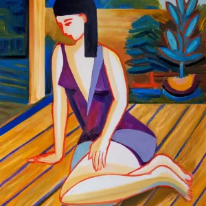 M. Cieśla: "Mädchen auf der Terrasse", Original/Unikat, Expressionistisches Ölgemälde Knallerangebot