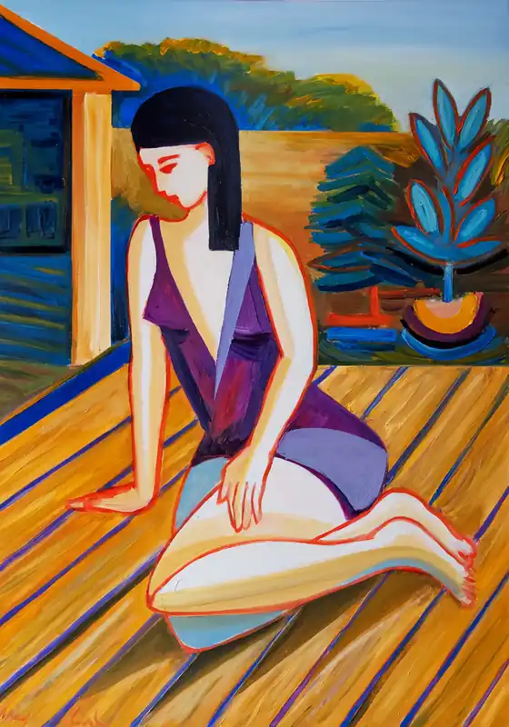 M. Cieśla: "Mädchen auf der Terrasse", Original/Unikat, Expressionistisches Ölgemälde Knallerangebot
