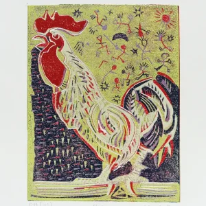 Schnäppchen F.O. Haake: "Der Hahn - Blatt 11/13", originale Grafik/serielles Unikat, mehrfarbiger Linoldruck