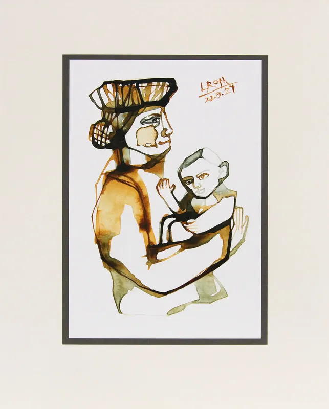 Geprüft L. Roth: "Mutter mit Kind". originale Grafik/Zeichnung (Unikat)