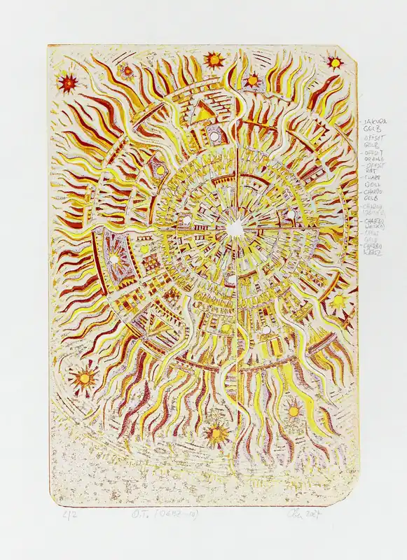 F.O. Haake: "Ohne Titel .T. (Weisz-10) Blatt 2/2", originale Grafik/serielles Unikat, mehrfarbiger Linoldruck Sonderaktion