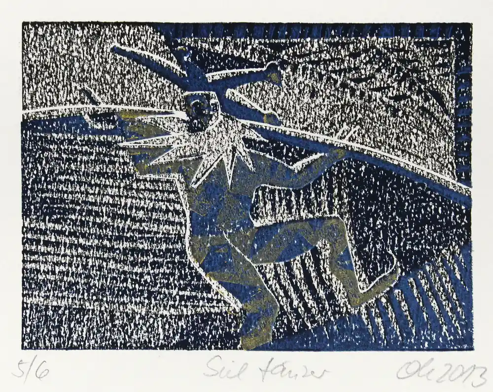 F.O. Haake: "Der Seiltänzer, Blatt 5/6", originale Grafik/serielles Unikat, mehrfarbiger Linoldruck Letzte Chance