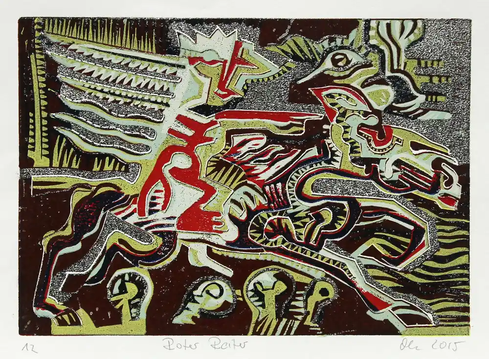 Geprüft F.O. Haake: "Der Rote Reiter, Nr. 12/13", originale Grafik/serielles Unikat, mehrfarbiger Linoldruck