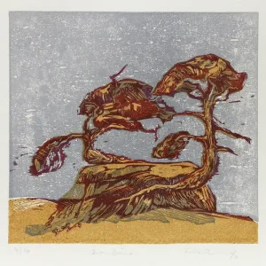 Letzte Chance F.O. Haake: "Zwei Bäume, Nr. 4/20", originale Grafik/serielles Unikat, mehrfarbiger Linoldruck