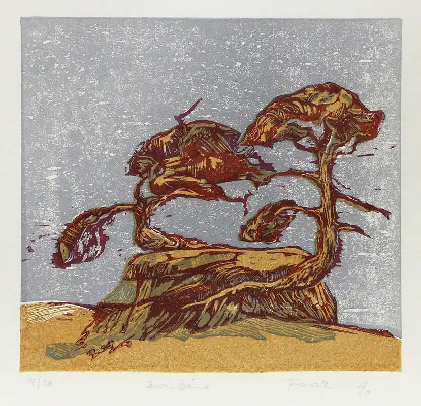 Letzte Chance F.O. Haake: "Zwei Bäume, Nr. 4/20", originale Grafik/serielles Unikat, mehrfarbiger Linoldruck