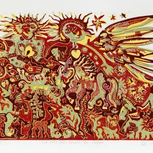 F.O. Haake: "Der erste Adam benennt das Einhorn (span. Variante, Nr. 1/2)", originale Grafik/serielles Unikat, mehrfarbiger Linoldruck Sichere Zahlung