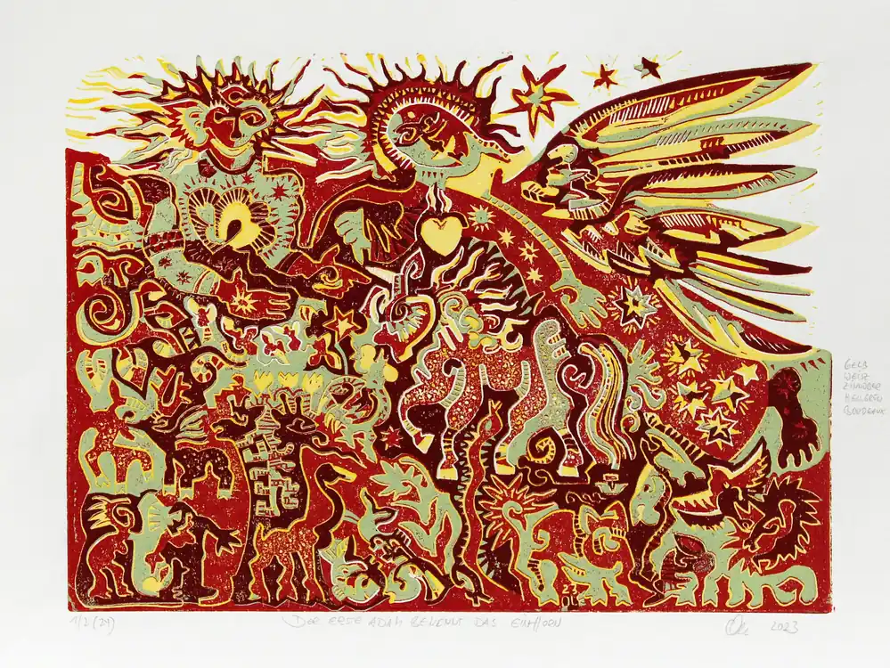 F.O. Haake: "Der erste Adam benennt das Einhorn (span. Variante, Nr. 1/2)", originale Grafik/serielles Unikat, mehrfarbiger Linoldruck Sichere Zahlung
