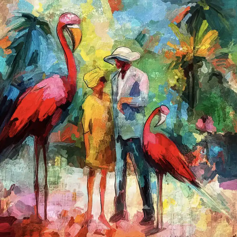 Moderne Pop Art: "Paar mit Flamingos", H. Mühlbauer-Gardemin, Original/serielles Unikat Sichere Zahlung