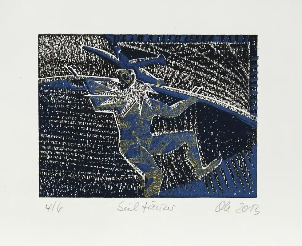 F.O. Haake: "Der Seiltänzer Nr. 4/6", originale Grafik/serielles Unikat, mehrfarbiger Linoldruck Online Kaufen