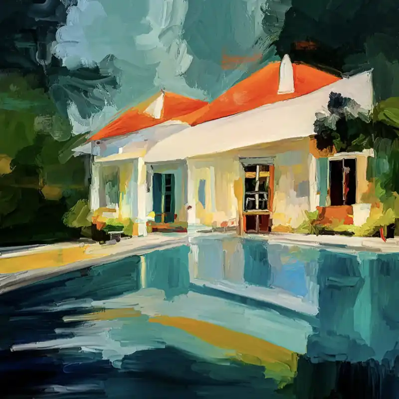 Rabatt Moderne Pop Art: "Ferienhaus mit Pool", H. Mühlbauer-Gardemin, Original/serielles Unikat