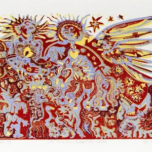 F.O. Haake: "Der erste Adam benennt das Einhorn, Nr. 1/24", originale Grafik/serielles Unikat, mehrfarbiger Linoldruck Schnäppchen
