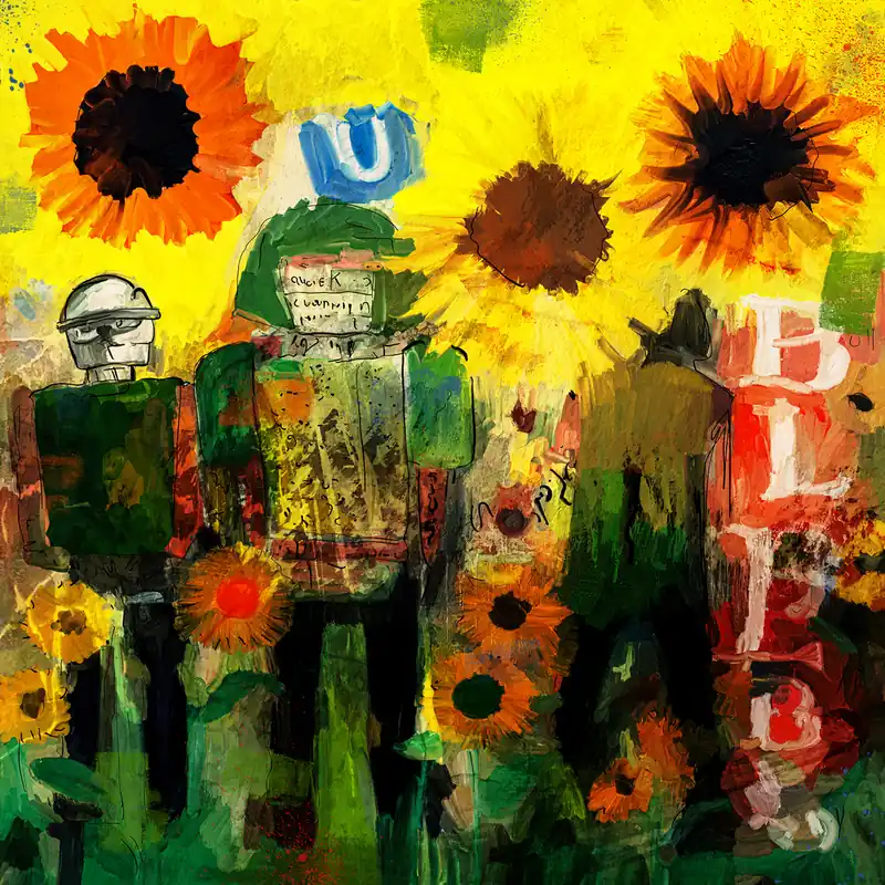 Must-Have Moderne Pop Art: Sonnenblumen mit Soldaten, H. Mühlbauer-Gardemin, Original (serielles Unikat)