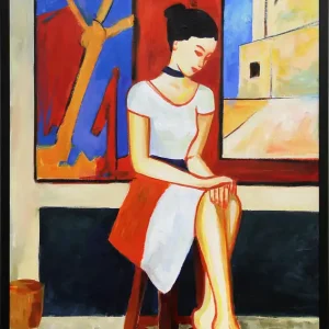 M. Cieśla: Mädchen im Studio 19, Original/Unikat, Ölmalerei auf Papier Billig