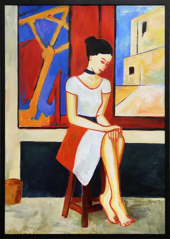 M. Cieśla: Mädchen im Studio 19, Original/Unikat, Ölmalerei auf Papier Billig