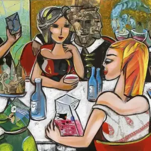 Markenware Kunstdruck, signiert: "Drinking with Friends VI", K. Namazi, Edition, Nr. 1/150