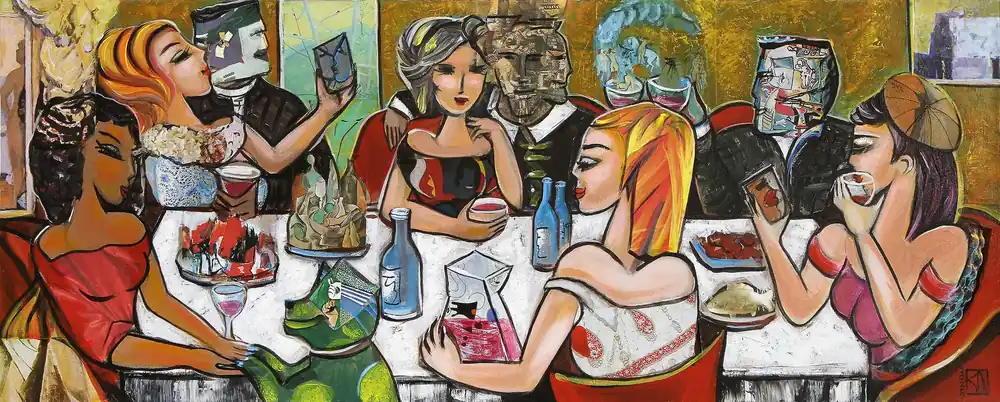 Markenware Kunstdruck, signiert: "Drinking with Friends VI", K. Namazi, Edition, Nr. 1/150