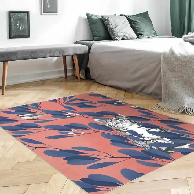 Sofort Bestellen Illustration Katze und Vogel auf Ast Blau Rot