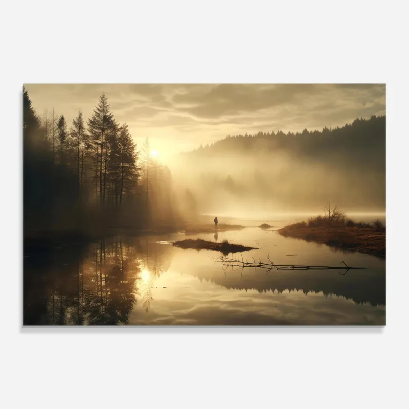Geprüft Glasbild The Sun Is Rising Over A River In A Foggy Forest