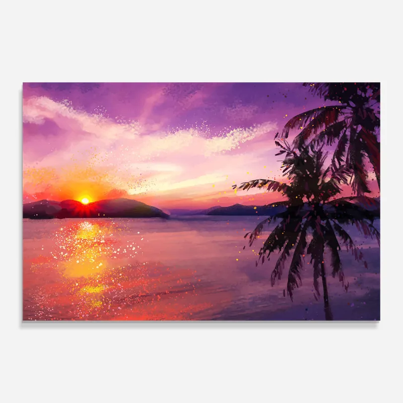 Glasbild Purple Orange Beach Preisreduziert
