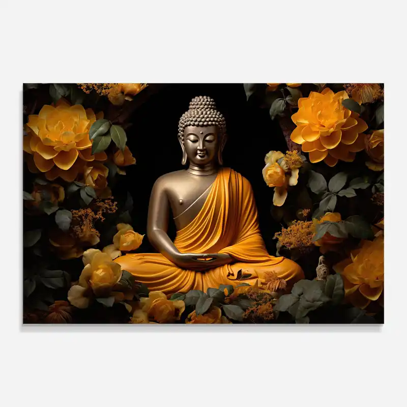 Markenware Glasbild Gold Buddha Flower