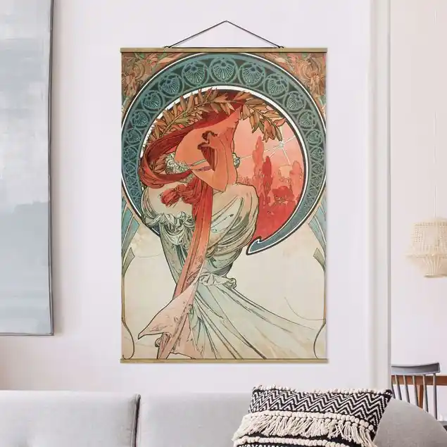 Alfons Mucha - Vier Künste - Die Poesie Stoffbild - Hochformat Sichere Zahlung