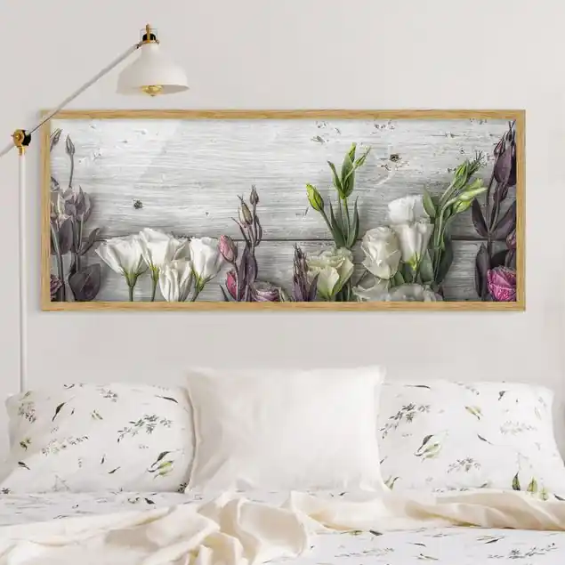 Tulpen-Rose Shabby Holzoptik Bild mit Rahmen - Panorama Knallerangebot